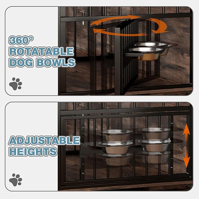 86.6Inch Large Double Dog Crate Furniture,Heavy Duty Metal Frame Dog Crate Kennel with Adjustable Feeder Bowls and Removable Divider&Drawers,Chew-Resistant Dog Kennel for 2 Dogs Indoor-PurrikoPets