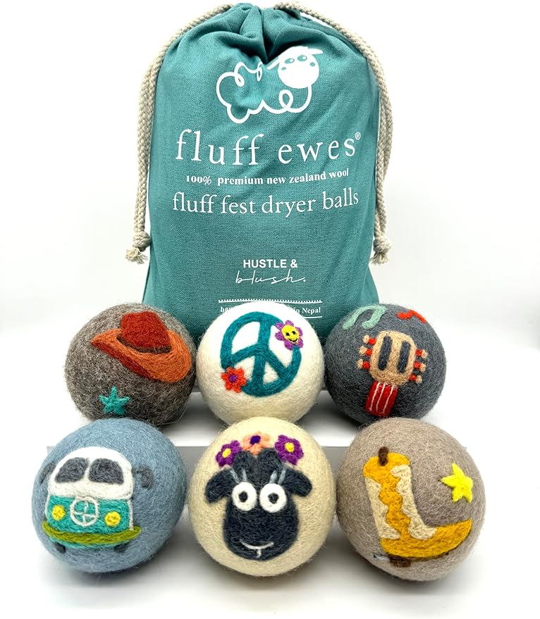 Fluff Ewes Wool Dryer Balls 6 Pack Premium New Zealand Wool Laundry Balls for Dryer, No Static Dryer Balls Laundry Reusable, XL Wool Dryer Balls Cute, Baby Dryer Balls for Dryers - Fluff Fest-PurrikoPets