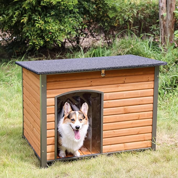 Aivituvin Dog House Outdoor & Indoor Wooden Dog Kennel for Winter with Raised Feet Weatherproof for Small & Medium & Large Dogs,Unique All-Around Iron Frame…-PurrikoPets