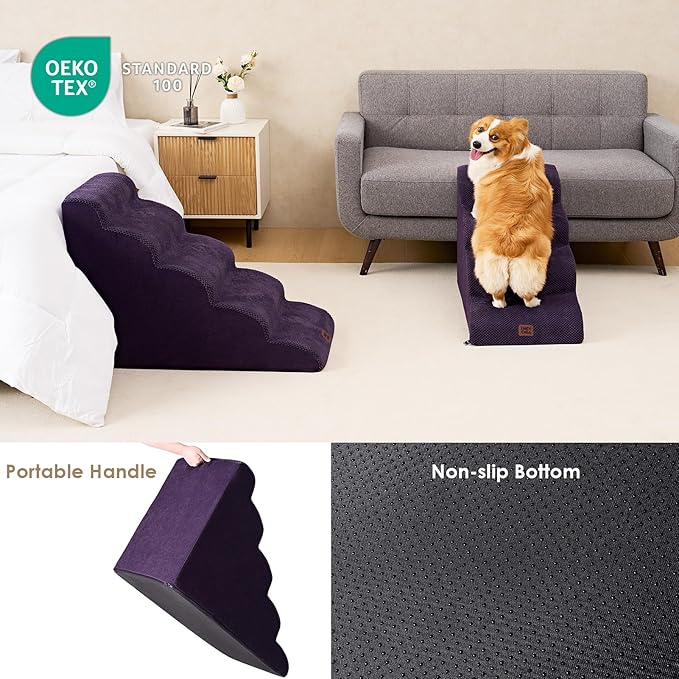 EHEYCIGA Curved Dog Stairs Ramp for High Beds 19.7" H, 4-Step Dog Steps for Small Dogs and Cats, Pet Stairs for High Bed Climbing, Non-Slip Balanced Pet Step Indoor, Purple-PurrikoPets