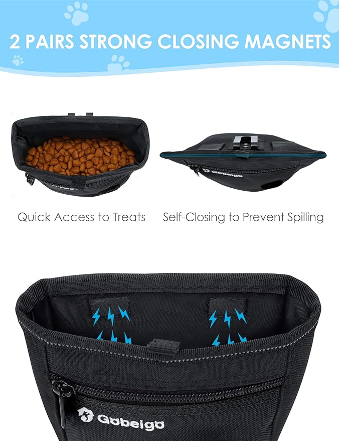 Gobeigo Dog Treat Pouch and Training Clicker, Upgrade Two Magnetic Closure to Prevent Spills, 2 Cup Treat Bag with Poop Bag Dispenser, Metal Clip Waist Belt Fanny Pack for Pet Walk (Black)-PurrikoPets