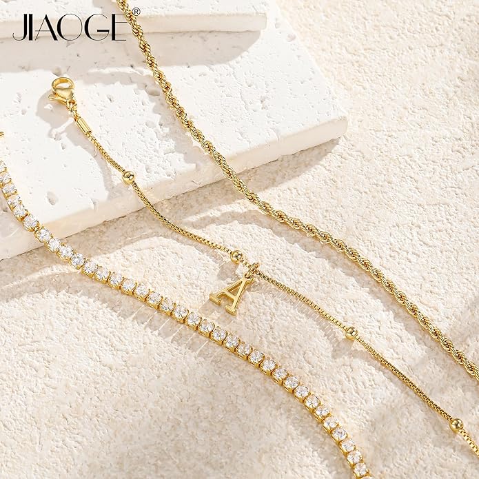 Valentines Day Gifts for Her Kids - Dainty Gold Bracelets for Women Personalized Gold/Silver Initial Bracelet Stack Stackable Rope Box Chain Tennis Bracelets for Girls Jewelry Set