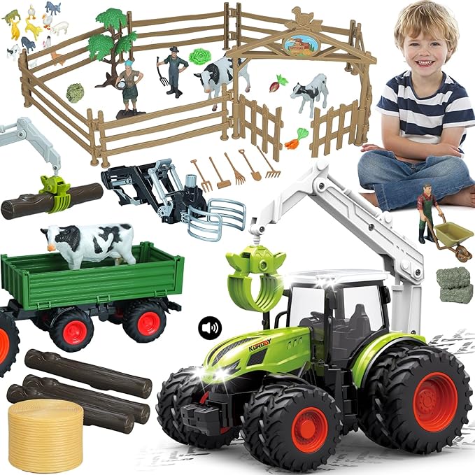 46Pcs Farm Toys, Tractor Toy w/Lights & Sound, Farm Animals Toys for 3 4 5 6 7 8+ Year Old Toddler Girls Boys Kid, Figures Farmer Vehicle Truck Fence Farm Playset Educational Learning Toys-PurrikoPets