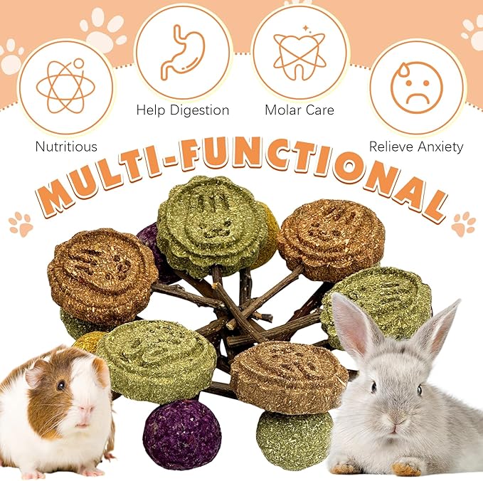 Fhiny Rabbit Chew Toys, 15 PCS Natural Bunny Lollipop Chew Sticks Handmade Guinea Pig Molar Treats for Teeth Small Animals Snacks for Guinea Pig Bunny Chinchilla Hamster Gerbil Teeth Care-PurrikoPets