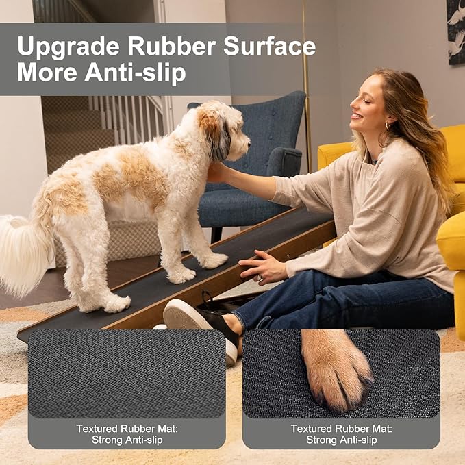 ABORON Folding Pet Ramp, 5-Level Adjustable Dog Ramp for Bed, Couch, SUV - High Traction Rubber Surface, Supports up to 200 lbs, 45.2" Long - Ideal for Small & Large Dogs & Cats,Brown Finish-PurrikoPets