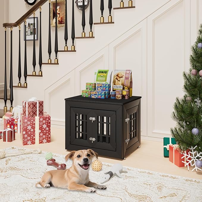 26" Heavy Duty Dog Crate Furniture for Small,Medium and Large Dogs,Rustic Wooden Dog Cage Kennel Indoor Furniture with Waterproof Top,Decorative Pet House Side End Table (Black)-PurrikoPets