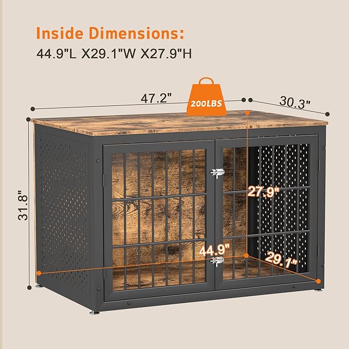 48" Rustic Heavy Duty Dog Crate Furniture for Extra Large Dogs, Metal Kennel for High Anxiety Dogs, Wooden Cage Furniture Indoor, Decorative Dog Kennel End Table, XL-PurrikoPets