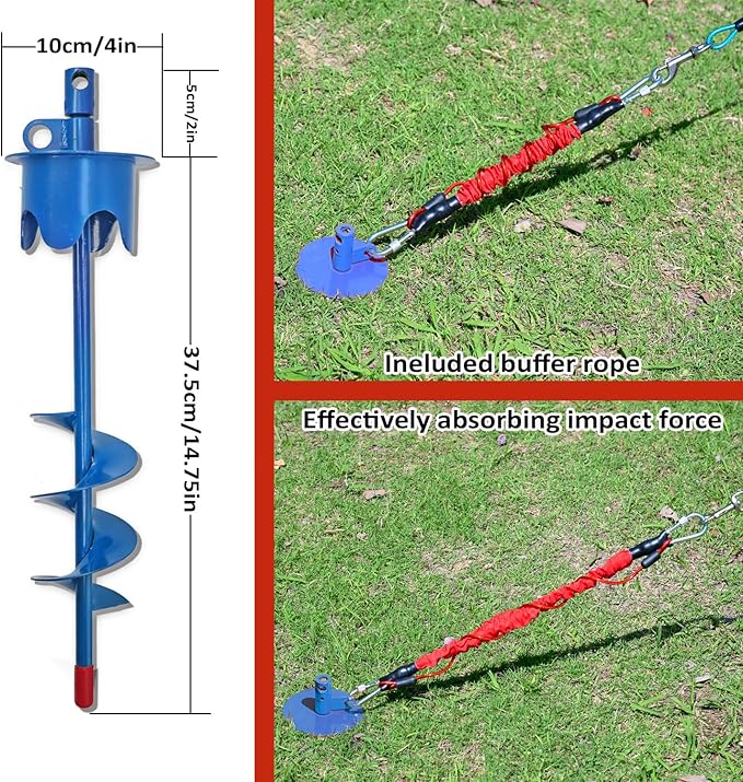 Dog Stakes for Outside Heavy Duty Hold up to 350Lbs Large Dogs Tie Out Tether Leash Chain for Yard Screw in Ground Anchors 17inch with Buffer Rope, Blue, 25 FT Steel Cable-PurrikoPets