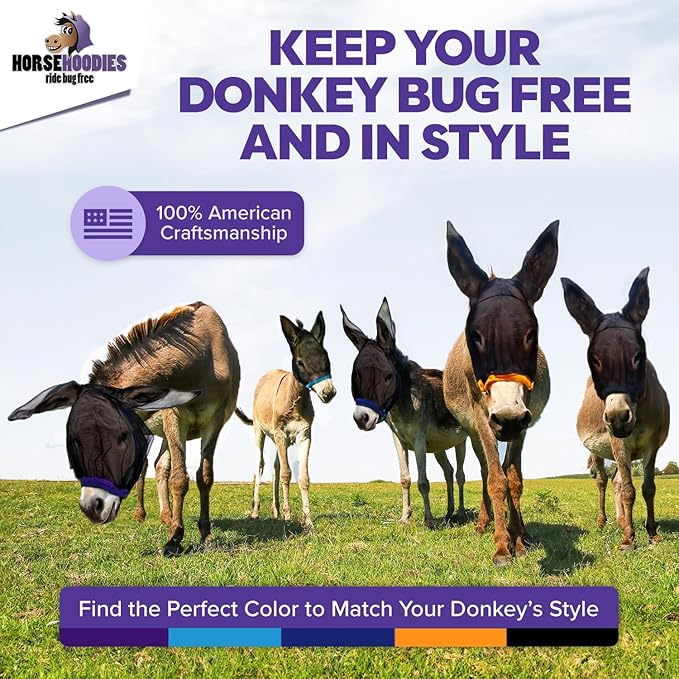 Donkey Fly Mask with Long Ears (Purple) Made in USA - Mule Fly Mask with Ears Protection from Insects and Bugs, Small Donkey Soft Mesh Fabric with Adjustable Fastener, Face Cover Supplies for Donkeys-PurrikoPets