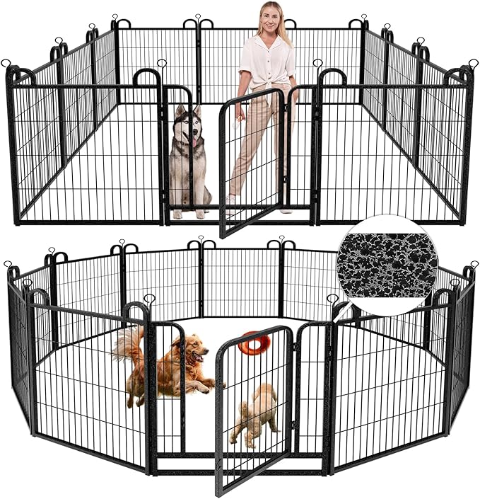 Dog Playpen Outdoor 12 Panels Heavy Duty Dog Fence 32" Height Anti-Rust with Doors Portable for RV Camping Yard, Total 27FT, 58 Sq.ft, Snowy Black-PurrikoPets