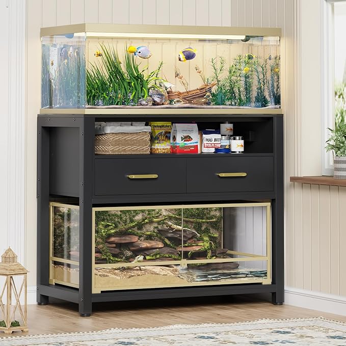 40-50 Gallon Fish Tank Stand with Power Outlet & 2 Storage Drawers, Heavy Duty Metal Frame Aquarium Stand with Waterproof Mat, 36.6" L*19.1" W Tabletop, 800LBS Capacity, Black-PurrikoPets