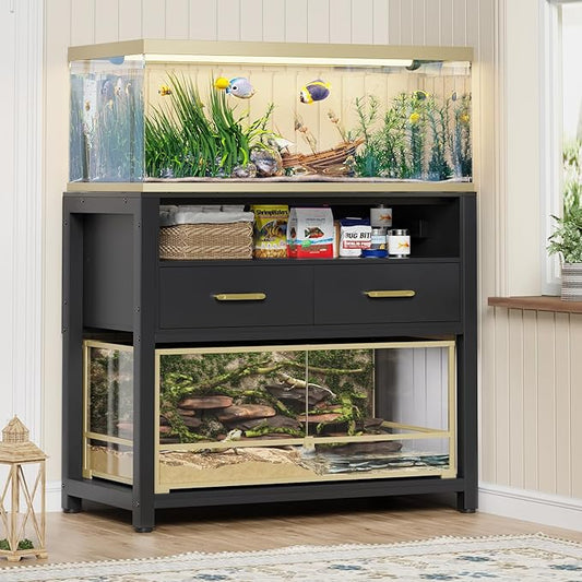 40-50 Gallon Fish Tank Stand with Power Outlet & 2 Storage Drawers, Heavy Duty Metal Frame Aquarium Stand with Waterproof Mat, 36.6" L*19.1" W Tabletop, 800LBS Capacity, Black-PurrikoPets