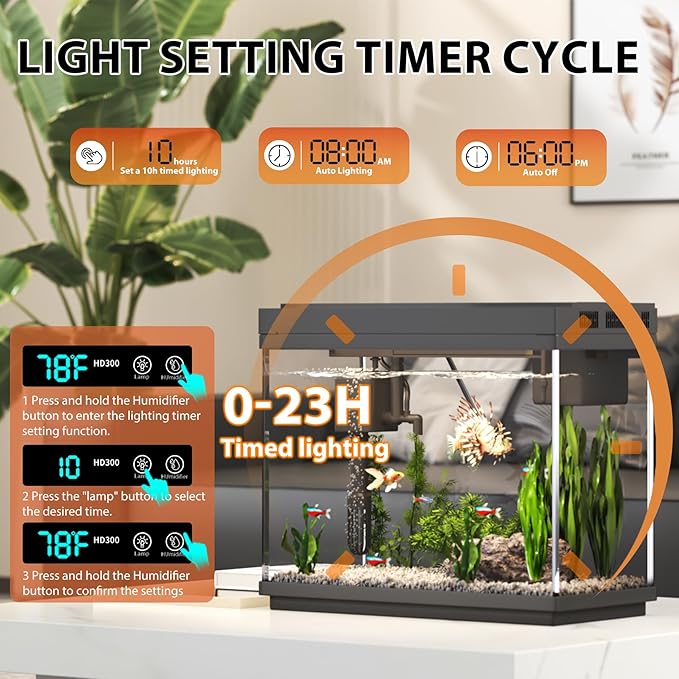 Fish Tank, 2.4 Gallon Fish Aquarium, Fish Tank Starter kit with Smart Humidifier, Temperature Display, 7-Color Lighting, 3 in 1 Quiet Pump with Filteration & Oxygenation & Circulation-PurrikoPets