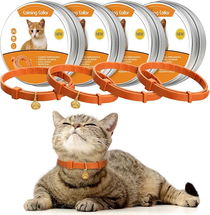4 Pcs Cat Calming Collar Adjustable Lavender Scent Relaxing Cat Collar with 2 Pendant for Puppies Reduce Stress Aggression Anxious, up to 15 Inches(Orange)-PurrikoPets