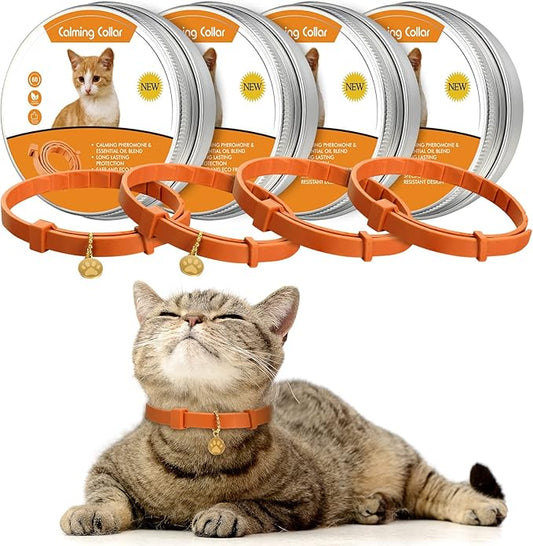 4 Pcs Cat Calming Collar Adjustable Lavender Scent Relaxing Cat Collar with 2 Pendant for Puppies Reduce Stress Aggression Anxious, up to 15 Inches(Orange)-PurrikoPets