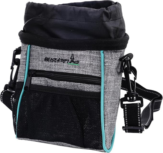 Dog Treat Pouches Training Walking Bag with Shoulder Strap, Large Space for Pets Food, Polyester Fabric, 3-Way Wearing Design, Portable Pet Bagand Easy to Clean, Black with Grey-PurrikoPets