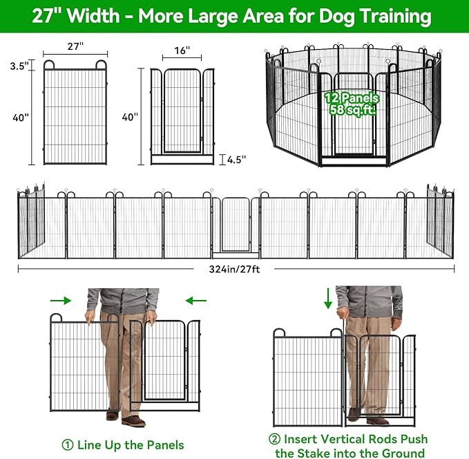 Dog Playpen Outdoor 12 Panels Heavy Duty Dog Fence 40" Height Anti-Rust with Doors Portable for RV Camping Yard, Total 27FT, 58 Sq.ft, Snowy Black-PurrikoPets