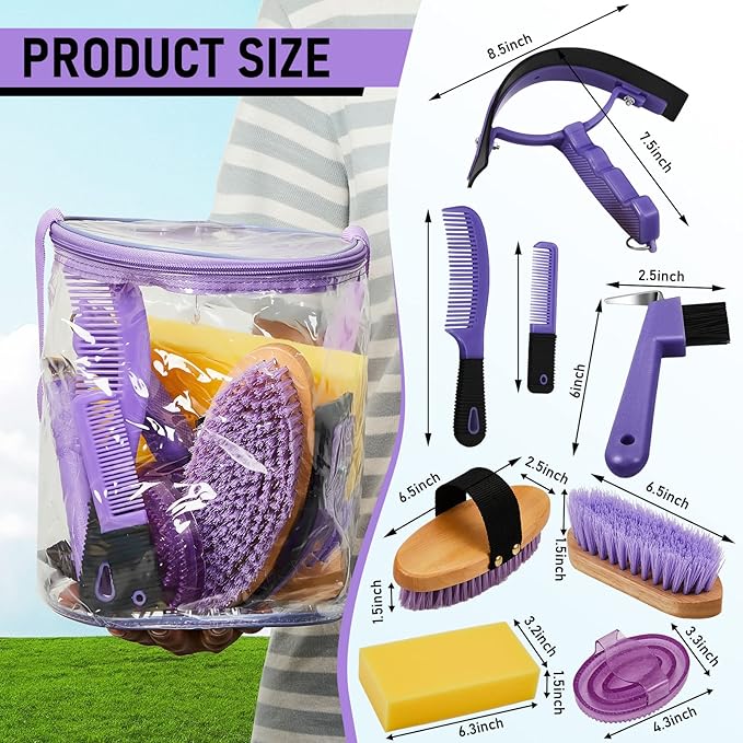 9 Pieces Horse Grooming Kit Tack Room Supplies Set with Organizer Tote Bag, Oval Massage Curry, Hard and Soft Brush, Hoof Pick, Sweat Scraper, Bathing Sponge, Combs for Horse Riders Beginners (Purple)-PurrikoPets