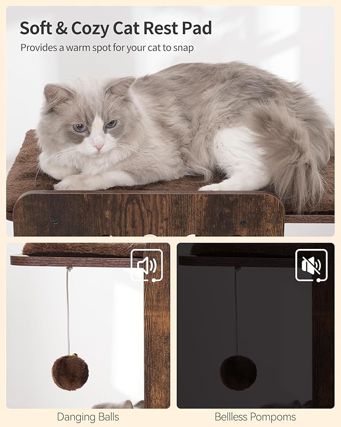 FourFurPets Modern Cat Tree, 58-Inch Cat Tower for Large Cats, Maine Coon Cat Tree with Scratching Board, Large Perch, Hammock and Removable Pads, Rustic Brown-PurrikoPets