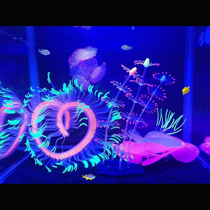 4 Pack Silicone Glowing Fish Tank Decorations Plants,Aquarium Fish Tank Glow Ornaments,Artificial Sea Anemone Coral Decor with Glowing Effect for Glow Fish Aquarium-PurrikoPets