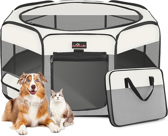Aivituvin Dog Playpen Foldable Pet Play Pens with Carrying Bag for Cat, Puppies, Rabbits, Chickens, Durable Portable Pet Tent for Travel Camping Indoor/Outdoor Grey M-PurrikoPets