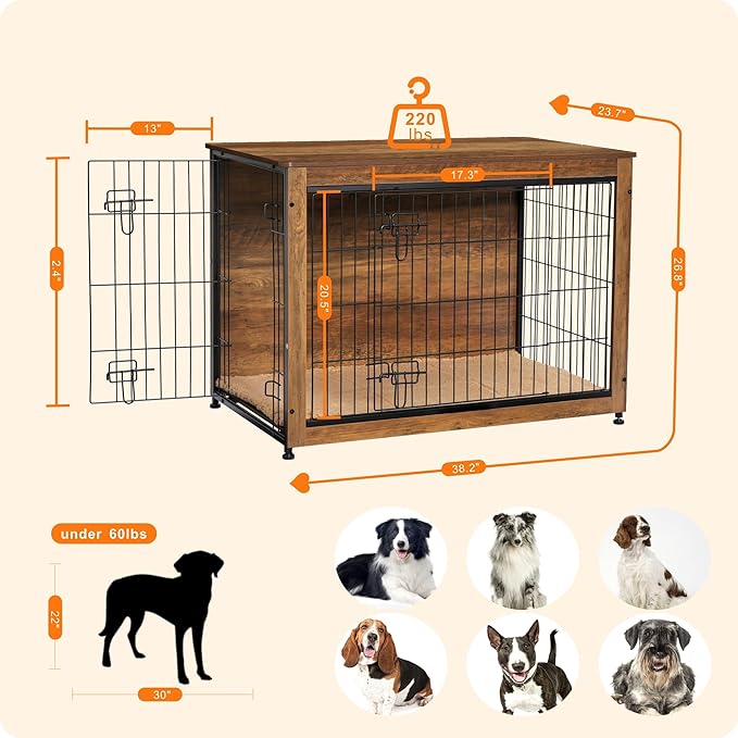 DWANTON Dog Crate Furniture with Cushion, Wooden Kennel Table with Double Doors, Indoor Dog House, Large Size, 38.5" L, Warm Brown-PurrikoPets