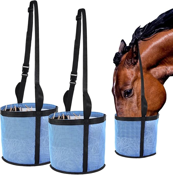 2 Pcs Horses Feed Horse Bag for Grain Hay Bags Heavy Duty Mesh Horse Feeder with Adjustable Strap Comfort Neck Pad Nose Pad and Waterproof Bottom Muzzle(Blue)-PurrikoPets