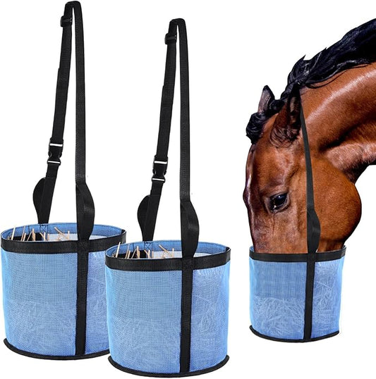 2 Pcs Horses Feed Horse Bag for Grain Hay Bags Heavy Duty Mesh Horse Feeder with Adjustable Strap Comfort Neck Pad Nose Pad and Waterproof Bottom Muzzle(Blue)-PurrikoPets