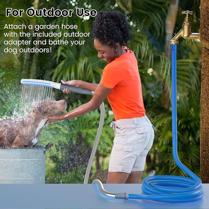 Dog Shower Attachment, Dog Washing Hose Attachment with Metal T-Diverter, Dog Bathing Supplies with 3 Spray Modes & One-Button ON/OFF Indoor and Outdoor Sprayer 8-Foot Hose-PurrikoPets