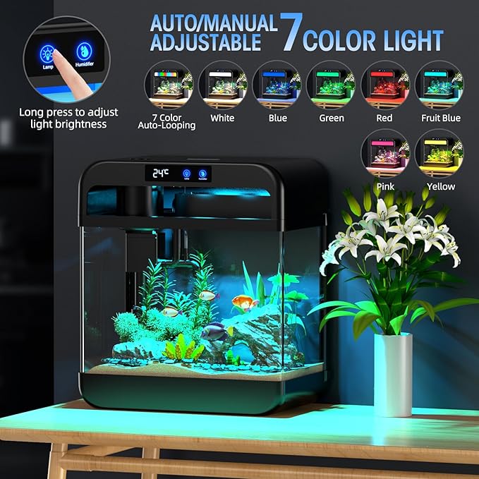 Fish Tank 2.2 Gallon Fish Bowl with Humidifier 7 Color Auto-Looping Light 3 in 1 Quiet Pump with Filteration & Oxygenation & Circulation, Temperature Display, HD Float Glass, Thickened Base-PurrikoPets