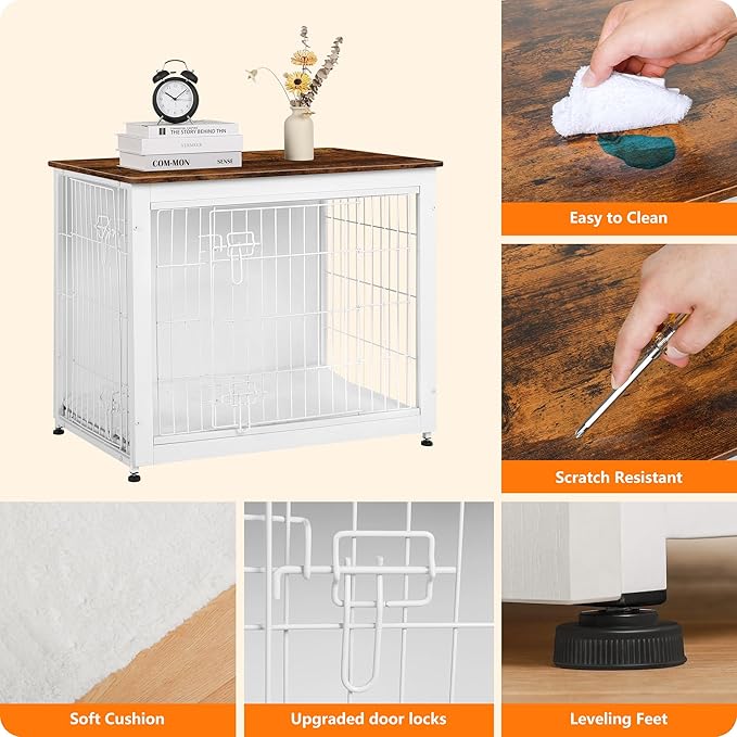 DWANTON Dog Crate Furniture with Cushion, Wooden Kennel Table with Double Doors, Indoor Dog House, Medium Size, 32.5" L, White+Rustic Brown-PurrikoPets