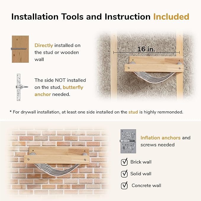 FUKUMARU Hammock Wall Mounted Cat Beds and Perches, Wooden Kitten Walls Furniture, Stable Cats Shelves for Sleeping, Playing, Climbing, and Lounging, Black Stripe-PurrikoPets