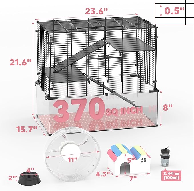 3-Tier Glass Hamster Tank, Large Hamster Cage Habitat with 11inch Big Running Wheel for Rat, Mouse, Gerbil, Syrian Hamster, 370 SQ INCHES-PurrikoPets