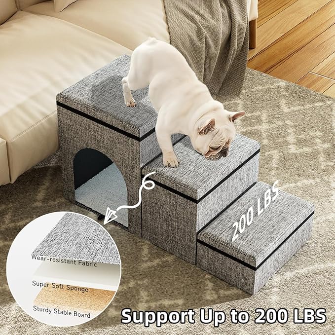 Dog Stairs with Storage, 3-Step Wider Dog Steps with Condo for Dogs and Cats, Pet Stairs for High Bed Climbing, Grey-PurrikoPets