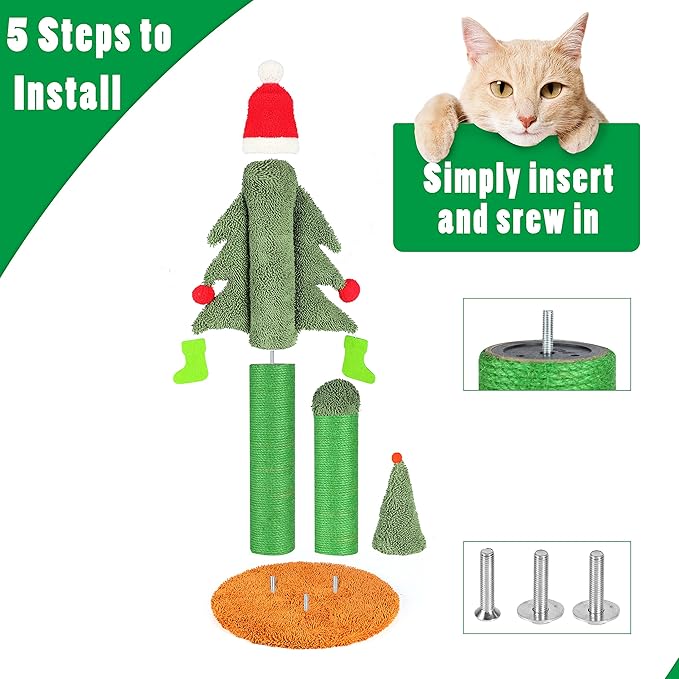 32” Cat Scratching Post, Tall Christmas Tree Cat Scratcher with 3 Posts and Cute Dangling Teaser Balls, Natural Sisal Rope Cat Toys for Kitty and Adult Cats-PurrikoPets