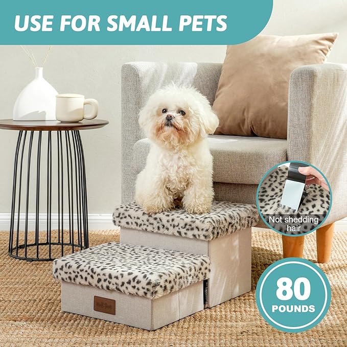 Dog Stair for Small Dogs with Storage, Foldable Pet Stairs for Medium or Puppy Dogs and Older Cats, Dog Steps for Bed or Couch with Soft Cover, 19.7x13x9.6 inch, 2 Tiers, Leopard-PurrikoPets