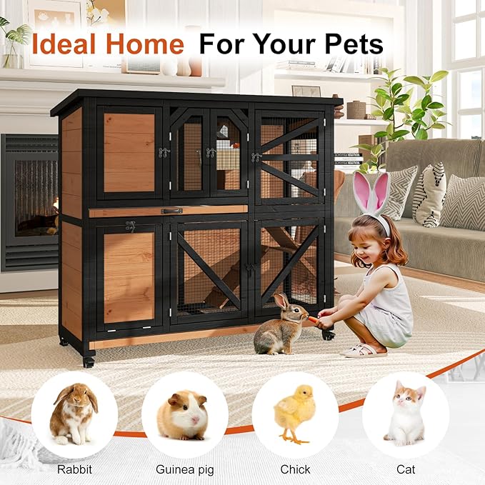 47.3" Two Story Rabbit Cage Bunny Cage Indoor, Wooden Rabbit Hutch Hamster Cages for Small Animals, Outdoor Guinea Pig Cages with Wheels & 2 Removable Trays & Bottom Wire Mesh-PurrikoPets