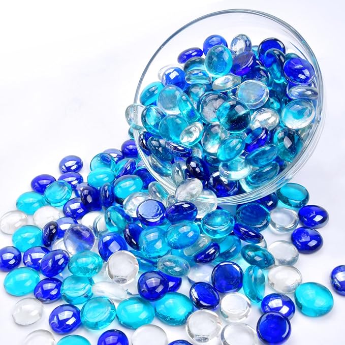 1LB Blue Mix Flat Glass Marbles for Vases, Mancala Stones Gemstone Beads Vase Filler Decorative Glass Pebbles for Fish Tank, DIY Crafts, Aquarium Decor Rocks-PurrikoPets