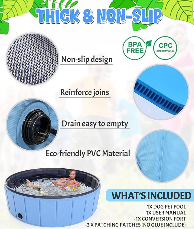 Giant Dog Pool 97"x16", Hyperzoo Foldable Dog Swimming Pool, Hard Plastic PVC Leakproof Doggie Wading Collapsible Pet Bathing Tub for Puppy Small Medium Large Dogs and Kids, Blue-PurrikoPets
