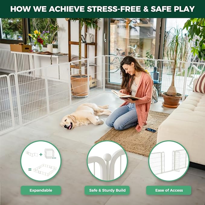 FXW Homeplus Unleashed Indoor Dog Playpen - Stress-Free and Safe Play, Heavy Duty 40 Inch 12 Wire Panels Dog Pen for Medium and Large Dogs, White│Patented-PurrikoPets