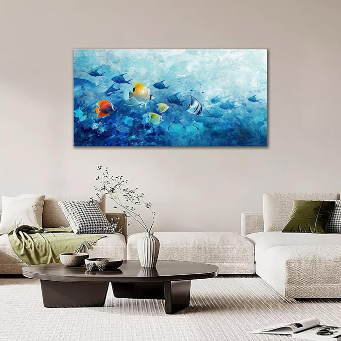 Extra Large Wall Art Tropical Fish Canvas Living Room Pictures Framed Prints Ocean Blue Oversize Wall Decor Animal Painting Artwork for Bedroom Dining Office Home 60"x30"-PurrikoPets