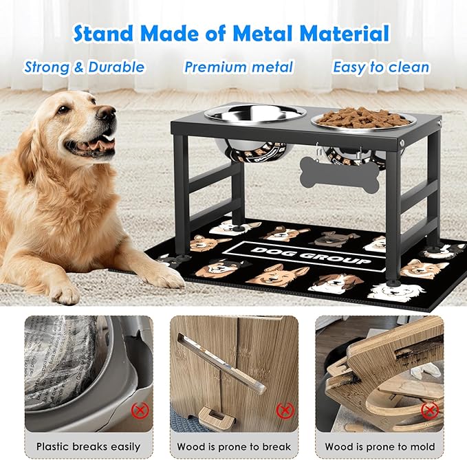 Elevated Dog Bowls, 10" Tall Height, Raised Bowl Stand with 2 Stainless Steel Food Feeder Bowls (58oz) and Spill-Proof Mat for Medium Large and Small Breeds-PurrikoPets