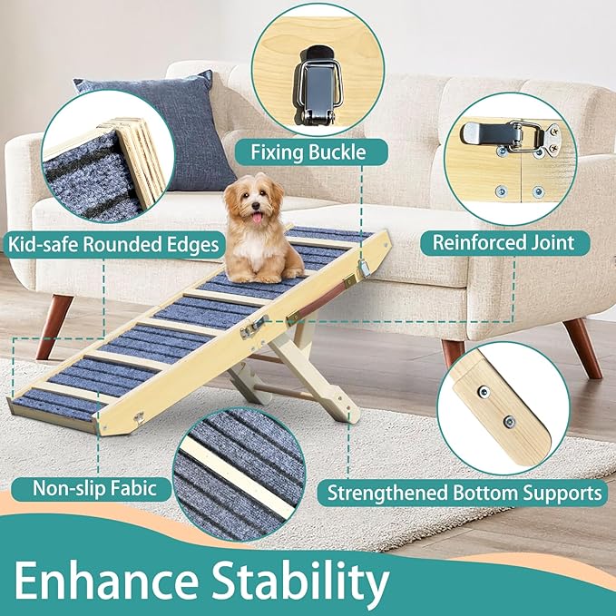 Dog Ramp for Bed, Upgraded 33" Long Portable Dog Ramp for Couch, Wood Folding Pet Ramp for All Breeds Small Old Dogs to Get on Bed, 4 Adjustable Heights 12.9" to 17.7"(Wood, Up to 50lbs)-PurrikoPets