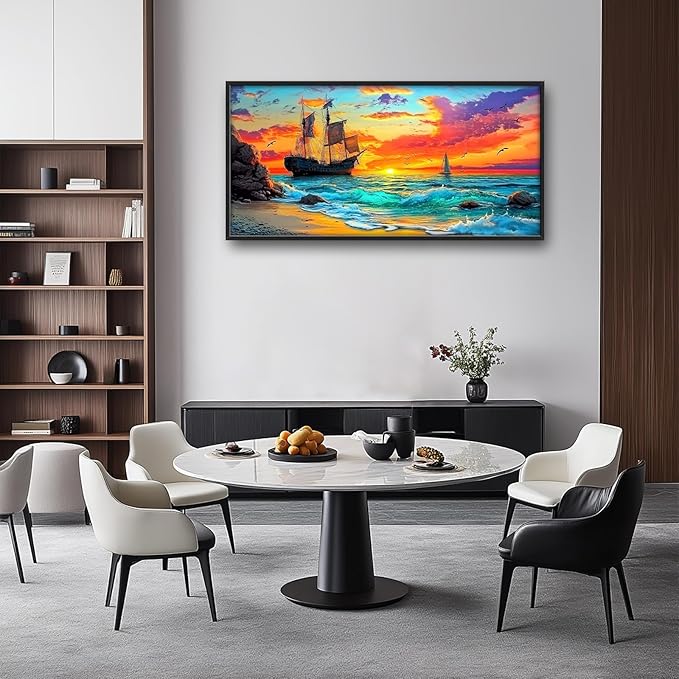 Framed Large Ship Wall Art for Living Room, Oversized Coastal Beach Boat Wall Decor Nautical Seascape Sailboat Canvas Painting Modern Artwork Home Decoration for Living Room Bedroom 60"x30"-PurrikoPets