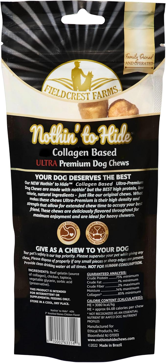 Fieldcrest Farms Nothin' to Hide 3 inch Ultra Knotted Bone Treats - Natural Rawhide Alternative Treats for Dogs, Collagen Based Snack for Heavy Chewers up to 15lbs - Chicken Flavor, 12 Pack-PurrikoPets