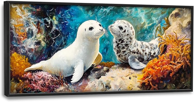 Extra Large Seal Framed Wall Art for Living Room,Oversized Underwater Animal Pictures Wall Decor,Ocean Coral Reef Canvas Print Painting Modern Artwork Bedroom Office Bathroom 60L" x 30W"-PurrikoPets