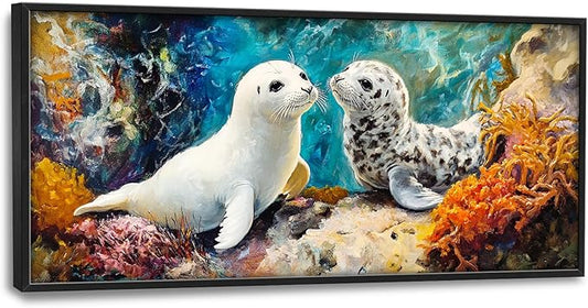 Extra Large Seal Framed Wall Art for Living Room,Oversized Underwater Animal Pictures Wall Decor,Ocean Coral Reef Canvas Print Painting Modern Artwork Bedroom Office Bathroom 60L" x 30W"-PurrikoPets