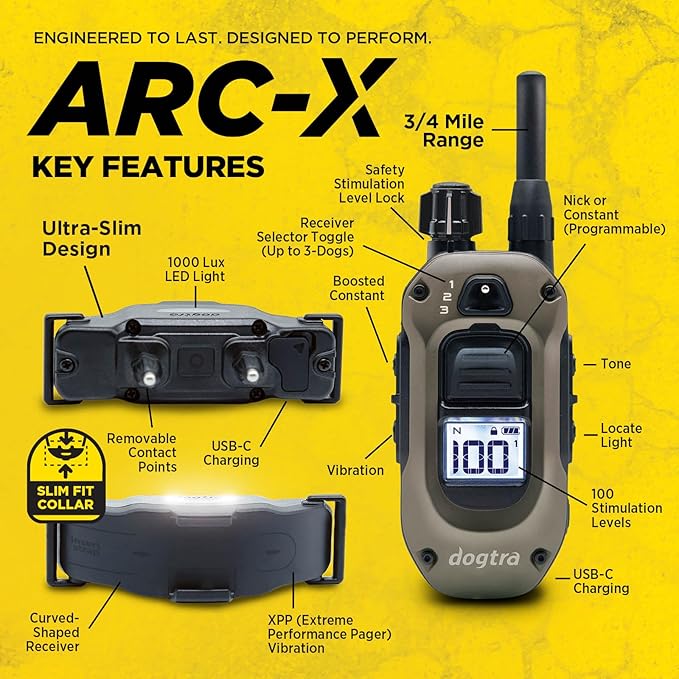 Dogtra ARC-X E-Collar for Dog Training - 3/4 Mile Range, for Dogs 15 lbs+, Slim Design, IPX9K Waterproof, 100 Stimulation Levels, Vibration, Tone, Rechargeable - Dog Owners and Professional Trainers-PurrikoPets