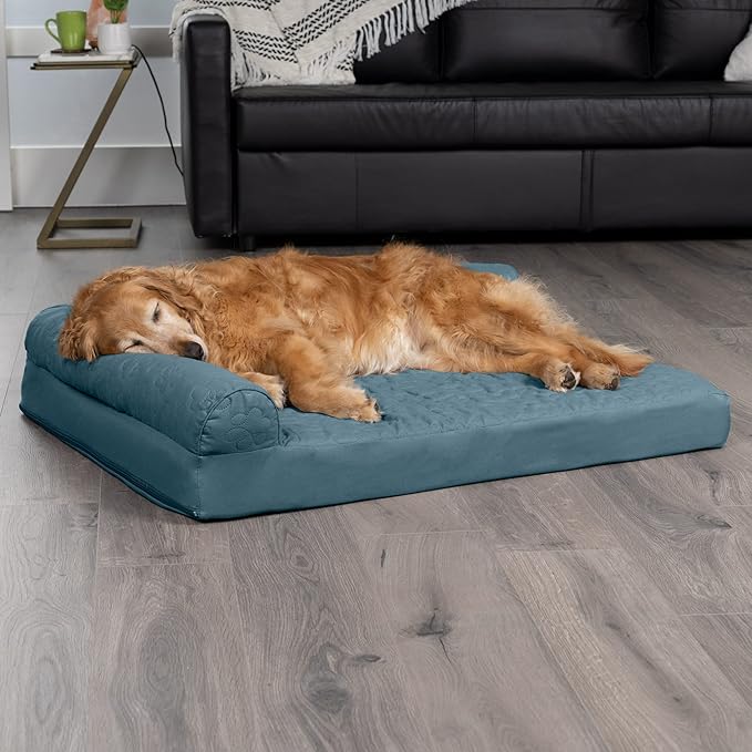 Furhaven Cooling Gel Dog Bed for Large Dogs w/ Removable Bolsters & Washable Cover, For Dogs Up to 95 lbs - Pinsonic Quilted Paw L Shaped Chaise - Bluestone, Jumbo/XL-PurrikoPets