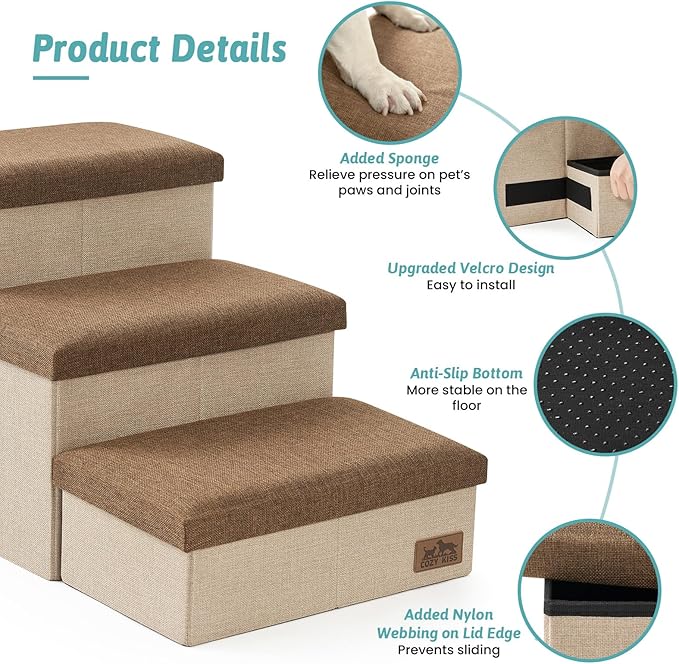 Dog Stairs with Storage, 4-Step Wider Sturdy Dog Steps for Small/Medium/Large Dogs and Older Cats, Folding Doggie Ramp for Bed/Couch/Car Hold Up to 180 lbs (22" H, Brown)-PurrikoPets